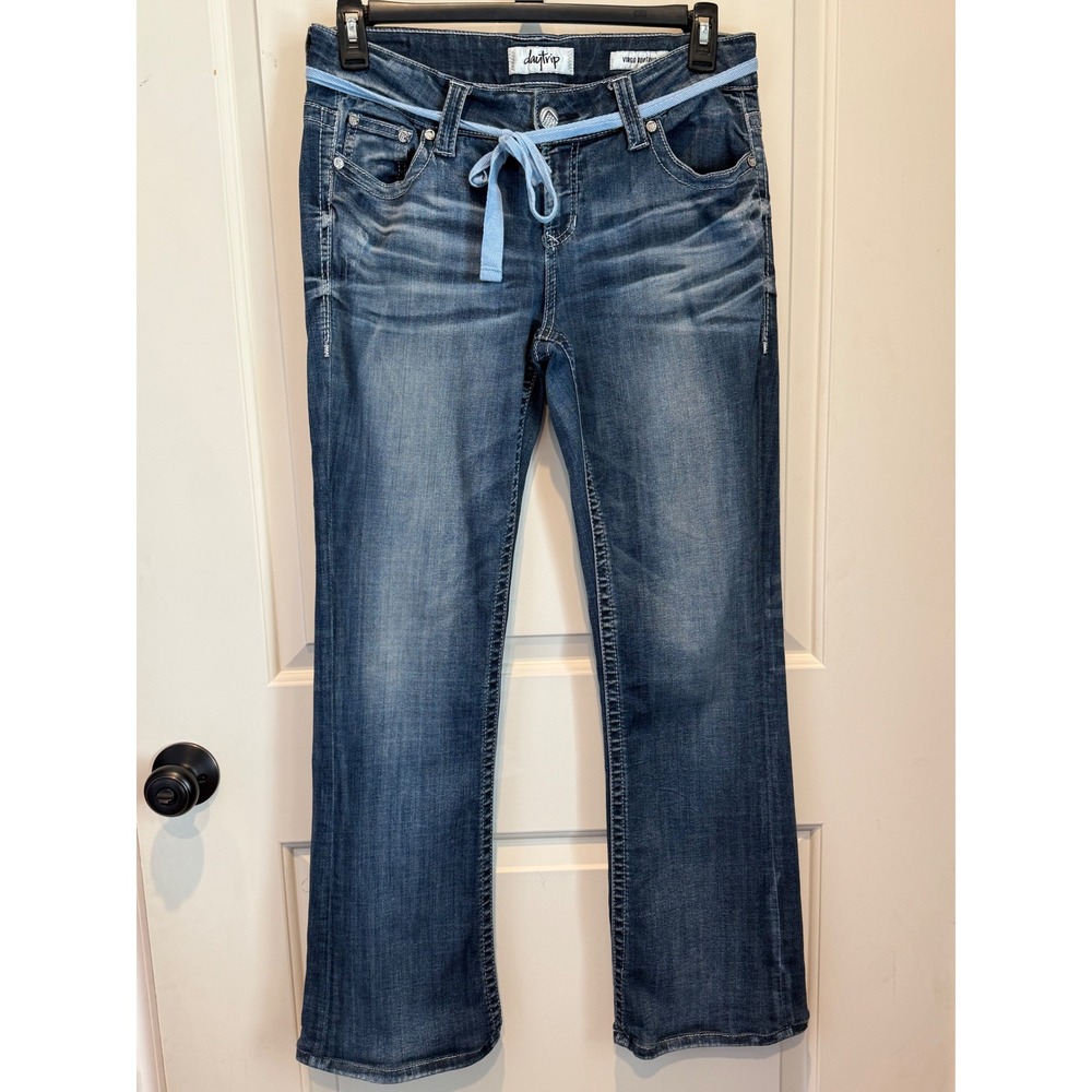 Daytrip Virgo Bootcut Jeans Womens 29R Dark Wash Rhinestone Whiskered Denim Y2K
